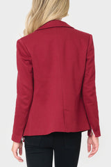 Back of Model wearing Double Breasted Blazer in Cabernet Red styled for the office