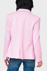 Back view of Woman modeling Double Breasted Knit Blazer in Pirouette pink styled business casual