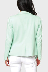 Back of Woman modeling Double Breasted Knit Blazer in Surf Spray mint green styled business casual