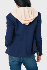 Back of Woman modeling Double Breasted Blazer in Navy Blue styled for work