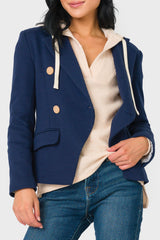 Woman modeling Double Breasted knit Blazer in Navy Blue styled business casual
