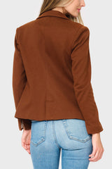 Back of Woman modeling Double Breasted Blazer in Saddle brown styled for work