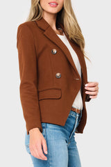 Side of Woman modeling Double Breasted Blazer in Saddle brown styled everyday casual