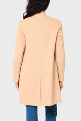 Back of Woman modeling Notch Collar Knit Topper Jacket in Cappuccino brown beige styled business casual