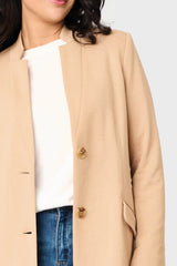 2 button closure detail image of Woman modeling Notch Collar Knit Topper Jacket in Cappuccino brown beige
