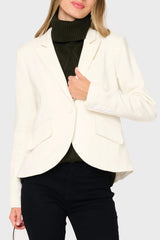 Woman modeling Notch Lapel Stretch Knit Blazer in Ivory styled business casual for work