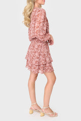 Side of Woman modeling Long Sleeve Smocked Detail Dress in Burgundy Floral Scroll Print styled business casual