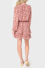 Back of Woman modeling Long Sleeve Smocked Detail Dress in Burgundy Floral Scroll Print styled business casual