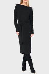 Woman modeling Open Neck Belted Soft Luxe Midi Sweater Dress in Black styled business casual for work