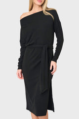 Open Neck Belted Soft Luxe Midi Sweater Dress