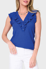 Woman modeling Ruffles For Days Mixed Media Henley Knit Top in royal blue styled for everyday and weekends