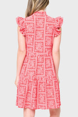 Back view Woman modeling Flutter Sleeve Decked Out Day Dress in Red Scarf Print