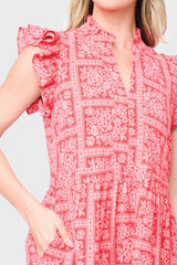 Woman modeling Flutter Sleeve Decked Out Day Dress in Red Scarf Print split neck detail