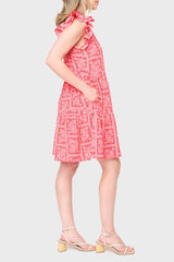 Side view Woman modeling Flutter Sleeve Decked Out Day Dress in Red Scarf Print styled for summer weekends