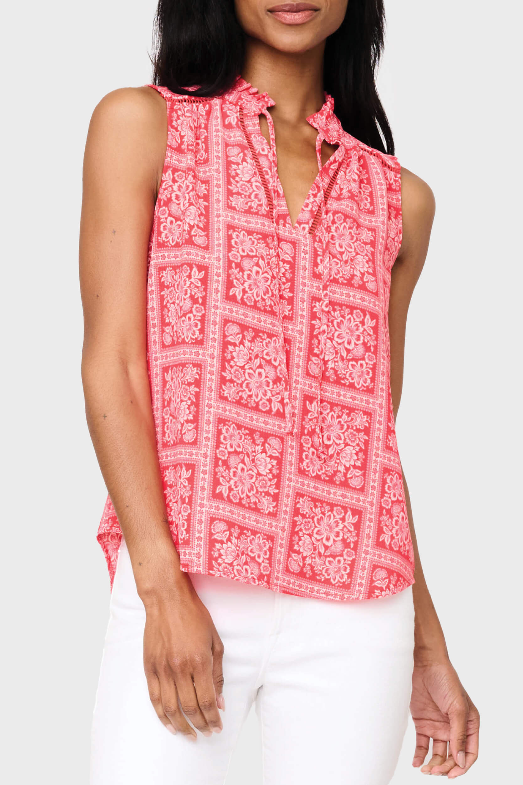 Woman modeling Cameron Day Top with Crochet Trim in Red Scarf Print styled with weekend casual pants