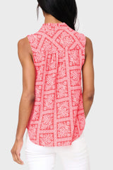 Back view Woman modeling Cameron Day Top with Crochet Trim in Red Scarf Print styled with casual pants