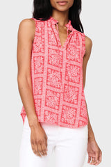 Woman modeling Cameron Day Top with Crochet Trim in Red Scarf Print styled with weekend casual pants