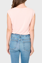 Back of Woman modeling The Favorite Luxe Essentials V-Neck Tee in Blush pink styled casual for summer