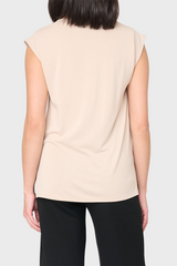 Back of Woman modeling The Favorite Luxe Essentials V-Neck Tee in beige tan styled for everyday comfort