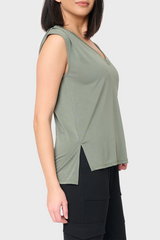 Side of Woman modeling The Favorite Luxe Essentials V-Neck Tee in Military olive green styled everyday casual