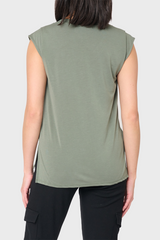 Back of Woman modeling The Favorite Luxe Essentials V-Neck Tee in Military olive green styled everyday casual