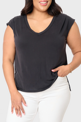 Plus size Woman modeling The Favorite Luxe Essentials V-Neck Tee in Black styled for business casual layering