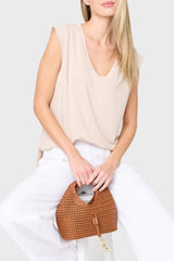 Woman modeling The Favorite Luxe Essentials V-Neck Tee in tan natural styled for everyday, vacation, and weekends