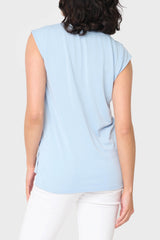 Back view of Woman modeling The Favorite Luxe Essentials V-Neck Tee in Light Sky Blue styled for summer