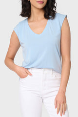 Woman modeling The Favorite Luxe Essentials V-Neck Tee in Light Sky Blue styled for summer
