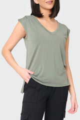 Woman modeling The Favorite Luxe Essentials V-Neck Tee in Military olive green styled everyday casual