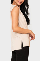 Side of Woman modeling The Favorite Luxe Essentials V-Neck Tee in beige tan styled for everyday comfort