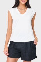 Woman modeling The Favorite Luxe Essentials V-Neck Tee in white styled for lounging and weekends