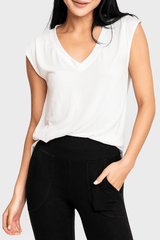 Woman modeling The Favorite Luxe Essentials V-Neck Tee in White styled athleisure casual