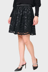 Women modeling Lovely In Lace Box Pleat Skirt in Black styled business casual for holiday parties