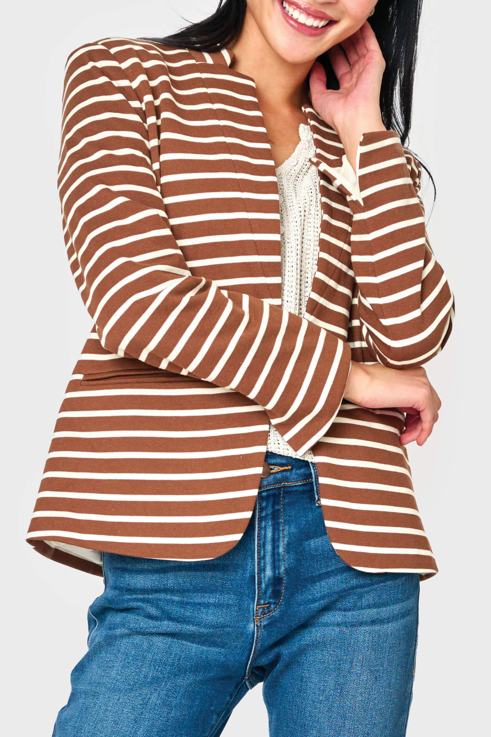 Woman modeling Notch Collar Blazer in soft knit Saddle Ivory Stripe GT10564W