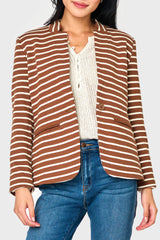 Woman modeling Notch Collar Blazer in soft knit Saddle Ivory Brown Stripe styled for everyday or work