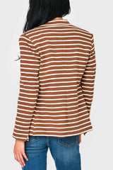 Back view of vent woman modeling Notch Collar Blazer in soft knit Saddle Ivory Stripe GT10564W