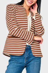 Woman modeling Notch Collar Blazer in soft knit Saddle Ivory Stripe GT10564W