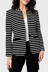 Woman modeling a Striped Notch Collar Blazer in black white stripe sweatshirt knit styled business casual