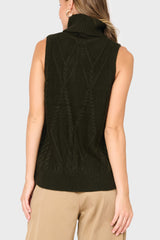 Back of Woman wearing Turtleneck Cable Stitch Sweater Vest in Olive Green styled business casual