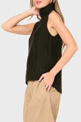 Side of Woman wearing Turtleneck Cable Stitch Sweater Vest in Olive Green styled for office
