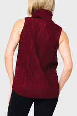 Back of Woman modeling Turtleneck Cable Stitch Sweater Vest in maroon red styled for work and everyday