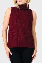 Woman modeling Turtleneck Cable Stitch Sweater Vest in Burgundy red styled for work and everyday
