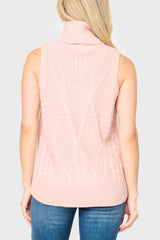Back of Woman modeling Turtleneck Cable Stitch Sweater Vest in light pink smoke styled everyday casual