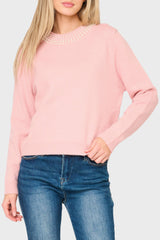 Woman modeling Soiree Sweater With Pearl Embellished Collar in light pink styled for work and everyday