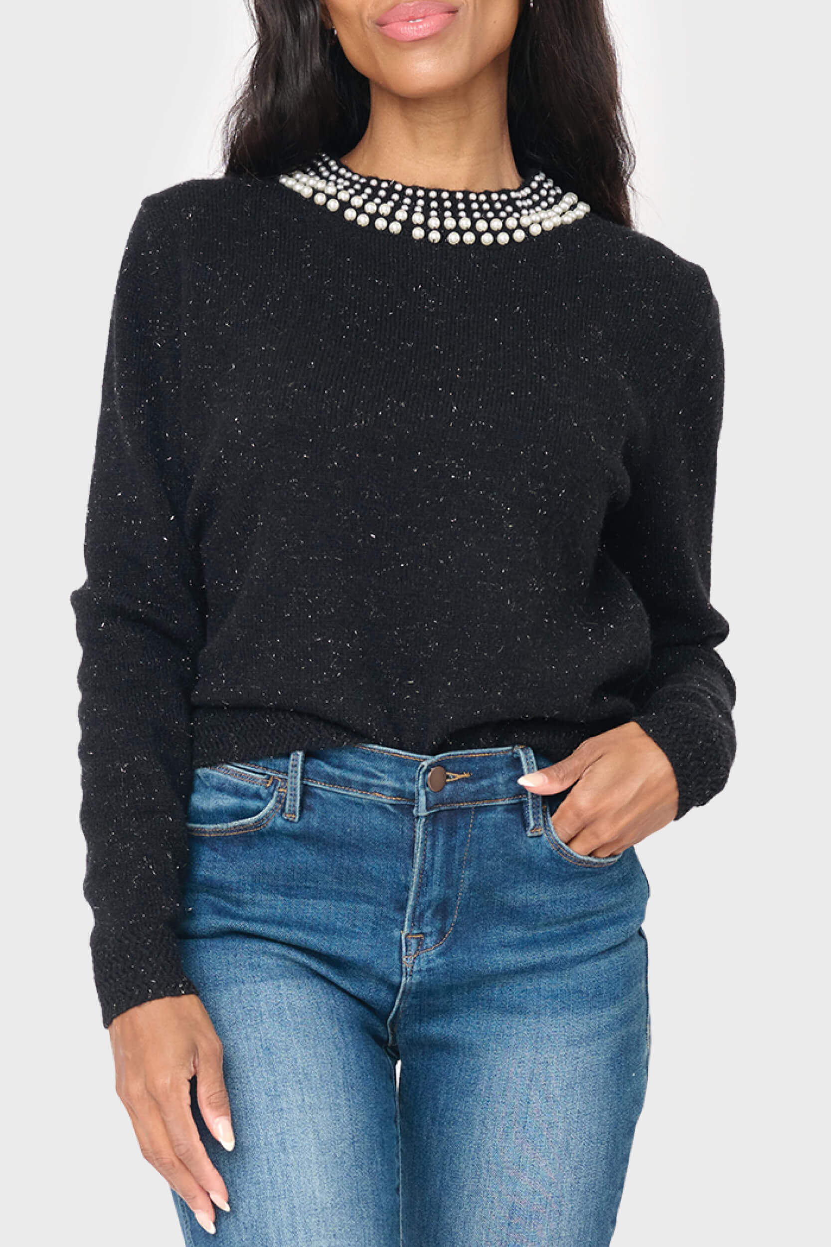 Soiree Sweater With Pearl Embellished Collar - Black / XXS