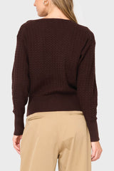 Back of Woman modeling Pointelle Surplice Sweater in Espresso brown styled business casual