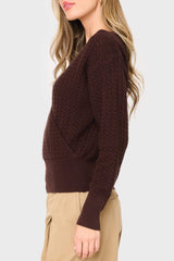 Side of Woman modeling Pointelle Surplice Sweater in Espresso brown styled business casual