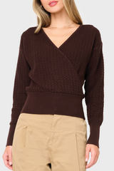 Woman modeling Pointelle Surplice Sweater in Espresso brown styled business casual