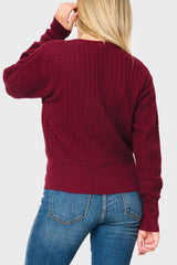 Back of Woman modeling Pointelle Surplice Sweater in Beet Red burgundy styled for everyday and work